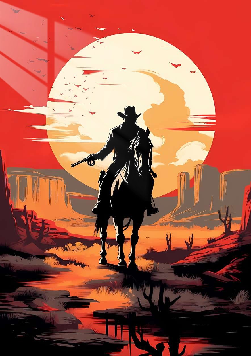 Lone Rider - Sunset Silhouette - Red-Orange
