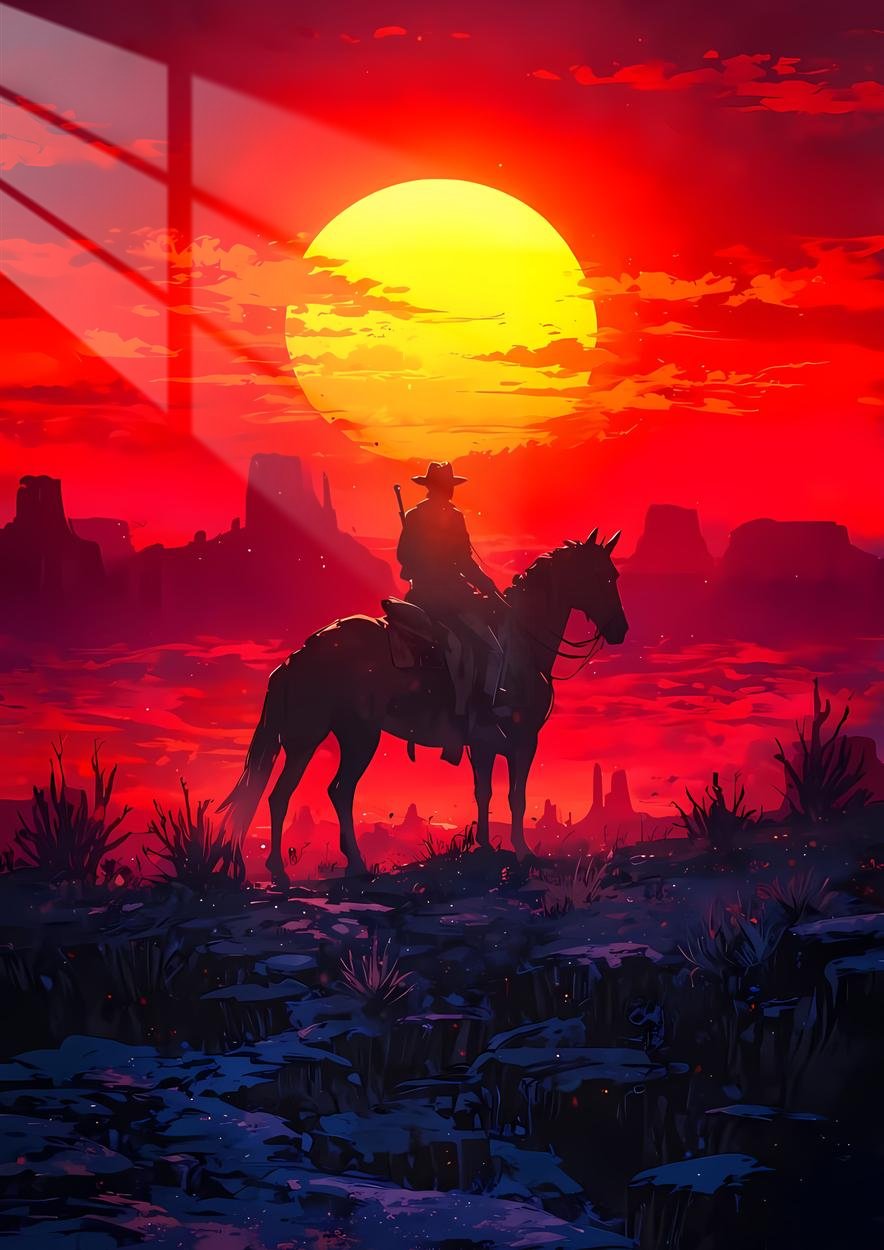 Lone Rider - Sunset Silhouette - Red