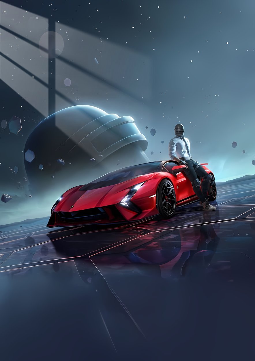 PUBG Player & Red Lamborghini - Futuristic - Red
